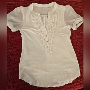 New York & Company White Embellished Blouse with Cap Sleeves